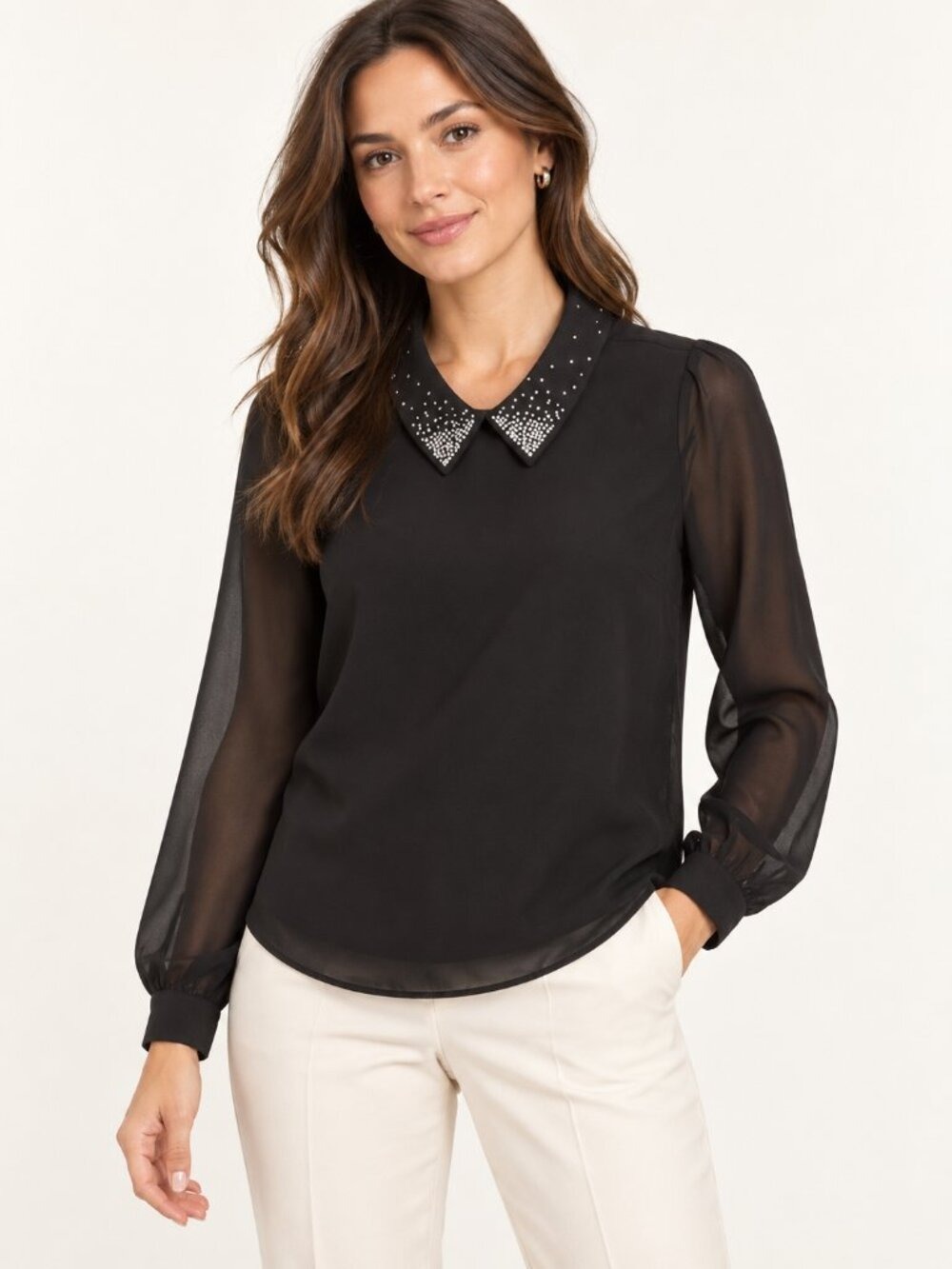 ONLY Black Sheer Rhinestone Collar Blouse Small 0750